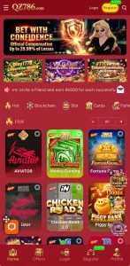 QZ786 game homepage showing slot games and Aviator